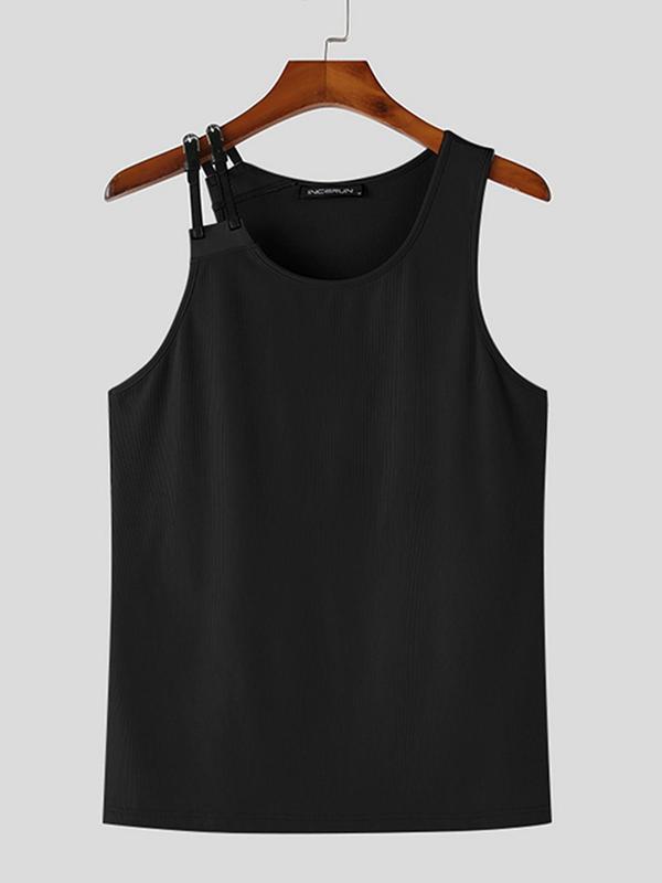 Men's Adjustable Buckle Round Neck Tank Top, Slim Street Sleeveless Vest Top, Streetwear Men's Clothing for Daily Wear