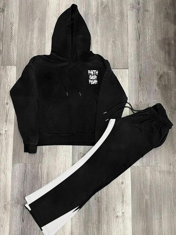 Two-Piece Set Men's Slogan Print Hoodie & Colorblock Drawstring Waist Flare Leg Sweatpants Set, Street Fashion Casual Loose Long Sleeve Hooded Sweatshirt & Pocket Jogger Pants, Men Two-piece Outfits for Fall & Winter