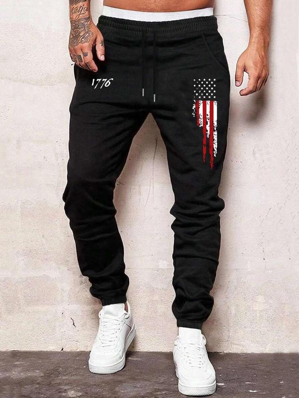 Men's American Flag  & Figure Print Drawstring Waist Jogger Pants, Casual  Regular Fit Pocket Elastic Waist Trousers  for Fall & Winter, Men's Bottoms for Daily Wear