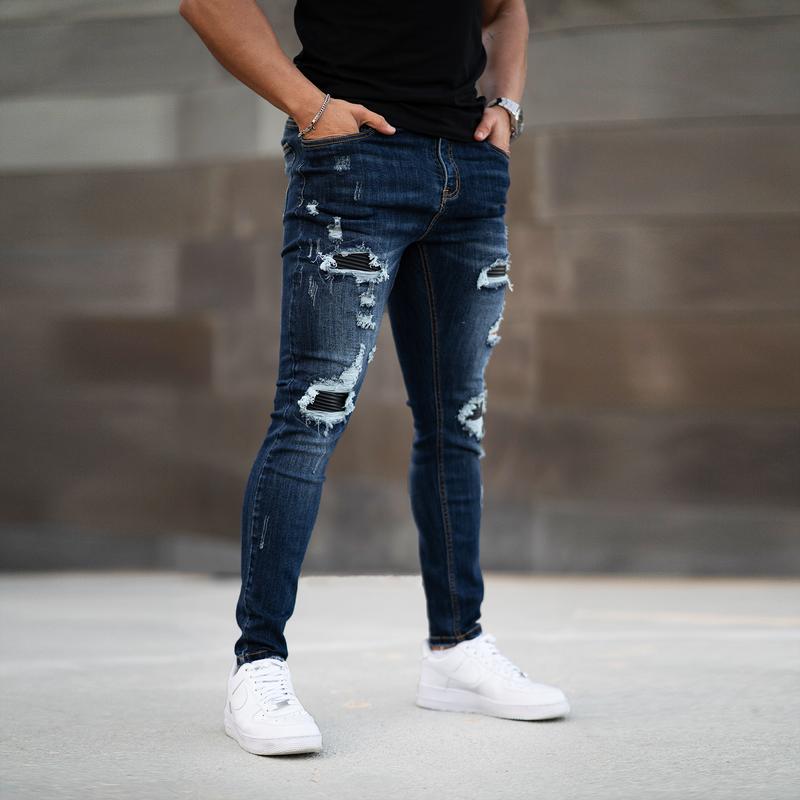 Men's Ripped Jeans Slim Fit Skinny Stretch Comfy Denim Jeans Pants Fashion Comfort Tapered Leg