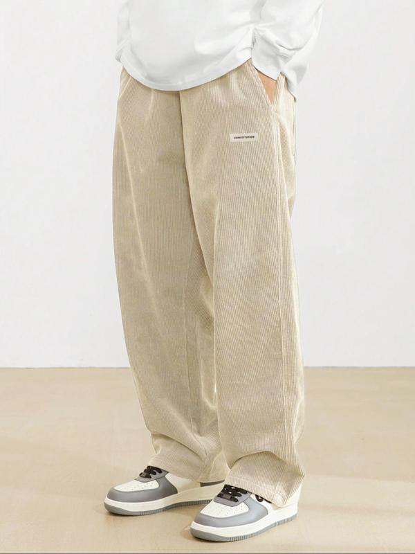 80s Men's Loose Letter Patched Drawstring Waist Straight Leg Pants, Casual Streetwear Pocket Corduroy Trousers for Daily Wear, Work Pants for Men,  Pants for Men, Fashion Men's Bottoms for All Seasons