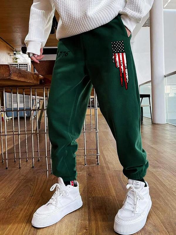 Men's American Flag  & Figure Print Drawstring Waist Jogger Pants, Casual  Regular Fit Pocket Elastic Waist Trousers  for Fall & Winter, Men's Bottoms for Daily Wear