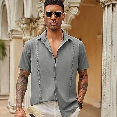 Coofandy men's button up shirt, loose pleated short sleeved casual shirt, Cuban style personalized shirt, summer daily slim fit comfortable stand up collar vacation casual shirt, classic linen soft top breathable daily form Menswear al shirt for men