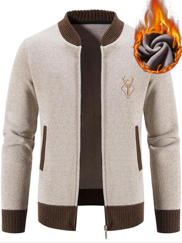 Men's Regular Fit Deer & Geometric Embroidery Zip Up Cardigan, Casual Long Sleeve Mock Neck Cardigan for Fall & Winter, Men's Knit Clothing for Daily Wear