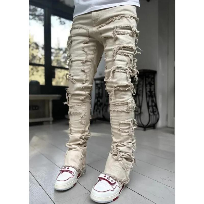 High Street White Men's Stacked Jeans Stretched Patchwork Tassel Damaged Denim Full Length Pants Hip-pop Trousers For Male