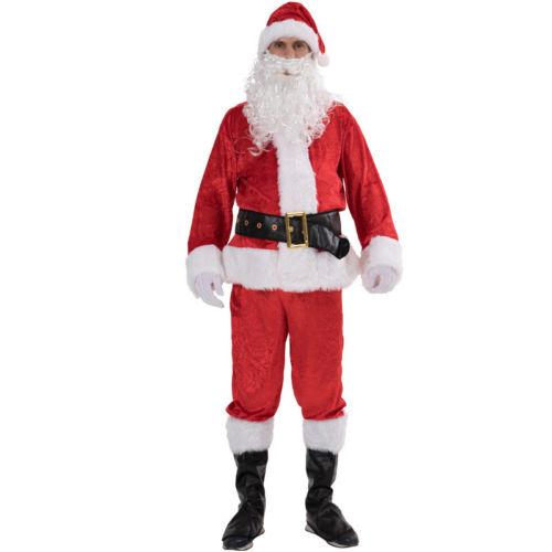 Christmas Santa Claus Cosplay Costume, Red Santa Zipper Coat+Pants+Hat+Belt+Beard+Shoes