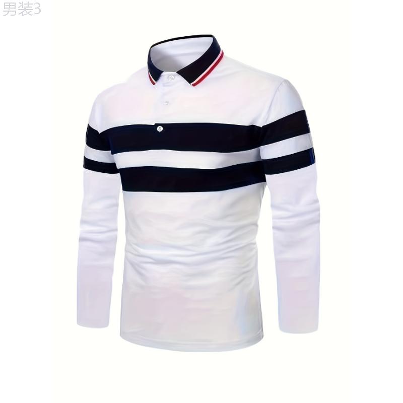 Year-Round Chic Men's Polo: Striped Slim-Fit with Contrast Collar & Stretch Fabric, Durable & Easy-Care Casual Wear Menswear Top