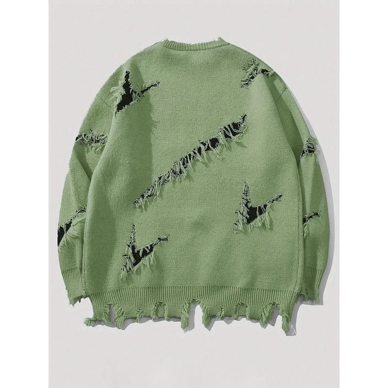 A Men's Leisure Ripped Sweater with Embroidered Letter Pattern, round Neck, Long Sleeves, Knitted Fabric, Medium Elasticity, Polyester Lining, Autumn and Winter Series