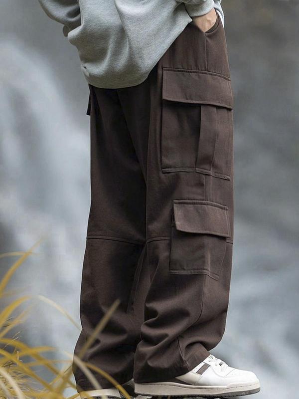 Men's Solid Pocket Cargo Pants, Loose Casual Street Fashion Drawstring Waist Trousers for Daily Wear, Men's Bottoms Work Pants Pro Clubs Sweatpants