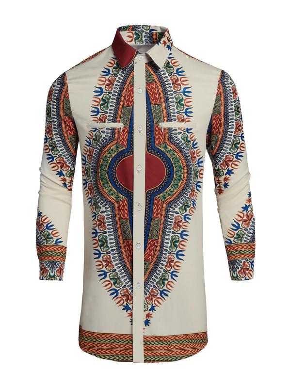 Men's Ethnic Pattern Button Front Split Hem Shirt, Regular Fit Casual Long Sleeve Collared Top for All Seasons, Fashion Men's Clothes for Daily Wear