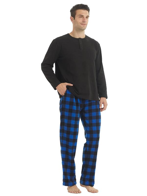 Two-Piece Set Men's Plain Button Front Top & Plaid Print Pants Pyjama Set, Regular Fit Casual Comfy Long Sleeve Top & Drawstring Pocket Trousers Pj Set, Men's Sleepwear for Spring & Fall