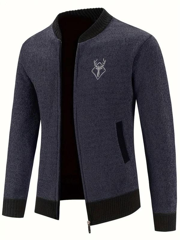 Men's Regular Fit Deer & Geometric Embroidery Zip Up Cardigan, Casual Long Sleeve Mock Neck Cardigan for Fall & Winter, Men's Knit Clothing for Daily Wear