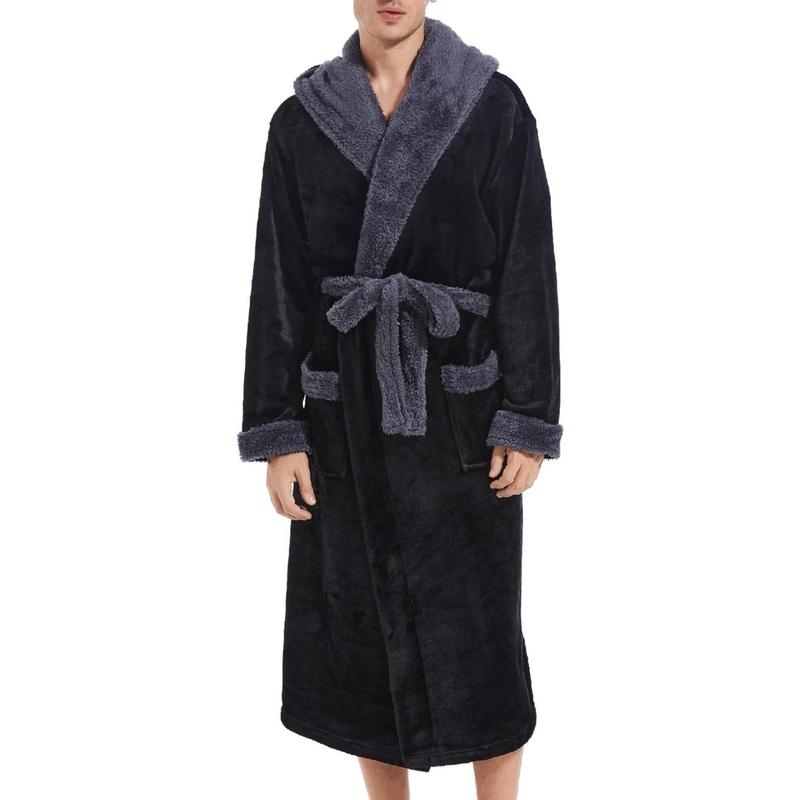 Mens Hooded Robe, Plush Long Bath robes Cozy Warm Bathrobe Fuzzy male Spa Robe With Pockets Menswear Gowns