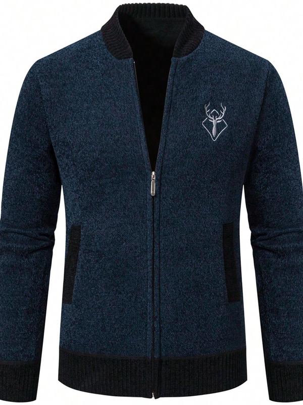 Men's Regular Fit Deer & Geometric Embroidery Zip Up Cardigan, Casual Long Sleeve Mock Neck Cardigan for Fall & Winter, Men's Knit Clothing for Daily Wear