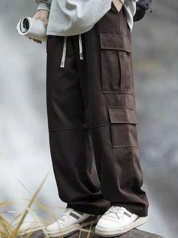 Men's Solid Pocket Cargo Pants, Loose Casual Street Fashion Drawstring Waist Trousers for Daily Wear, Men's Bottoms Work Pants Pro Clubs Sweatpants