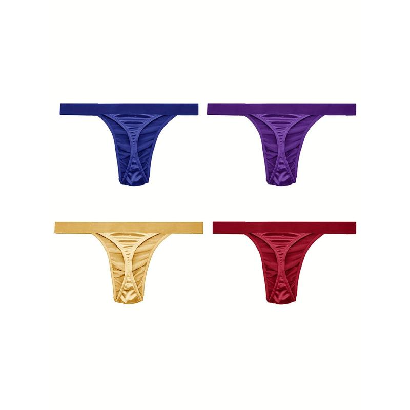 4 Pieces Men's Underwear, Solid Color Breathable Comfortable Elastic T-Back Underpants, Sports Supporter, Men's Sexy Underwear