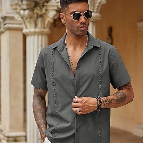Coofandy men's button up shirt, loose pleated short sleeved casual shirt, Cuban style personalized shirt, summer daily slim fit comfortable stand up collar vacation casual shirt, classic linen soft top breathable daily form Menswear al shirt for men