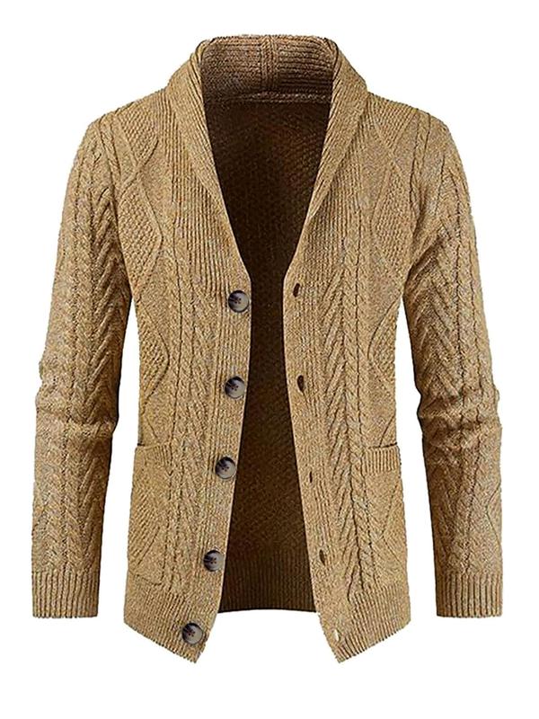 Men's Solid Textured Button Front Shawl Collar Cardigan, Regular Fit Casual Long Sleeve Pocket Knitwear for Fall & Winter, Men's Knit Clothing for Daily Wear