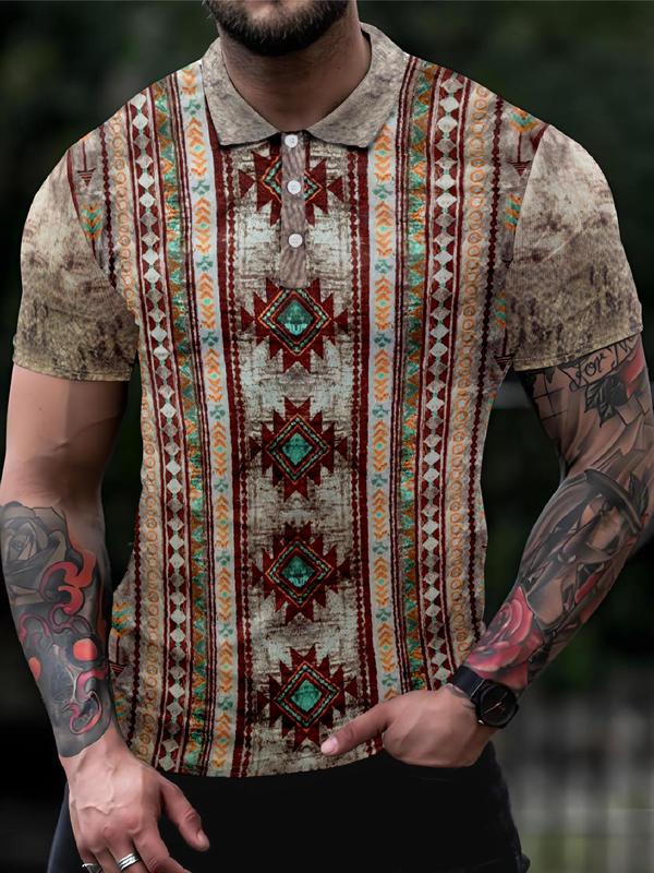 Men's Ethnic Pattern Short Sleeve Polo Shirt, Regular Fit Casual Fashion Button Front Collared Top for Summer, Men's Clothes for Daily Wear