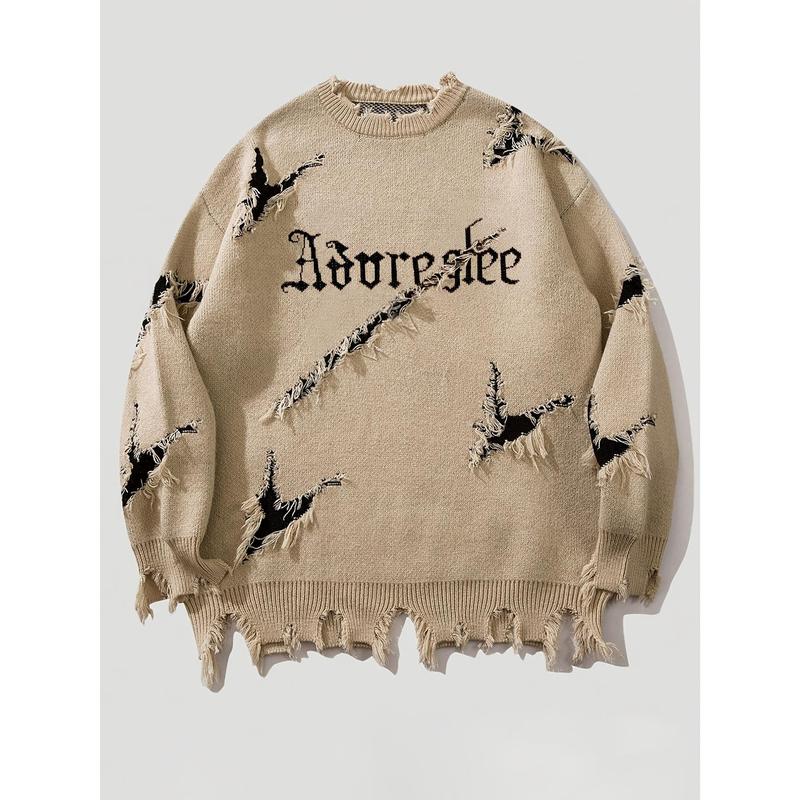 A Men's Leisure Ripped Sweater with Embroidered Letter Pattern, round Neck, Long Sleeves, Knitted Fabric, Medium Elasticity, Polyester Lining, Autumn and Winter Series