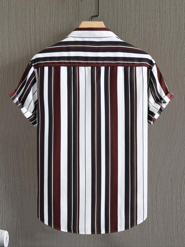 Men's Regular Fit Striped Print Button Front Shirt without Tee & Necklace, Casual Short Sleeve Collar Top for Summer, Fashion Men's Clothes