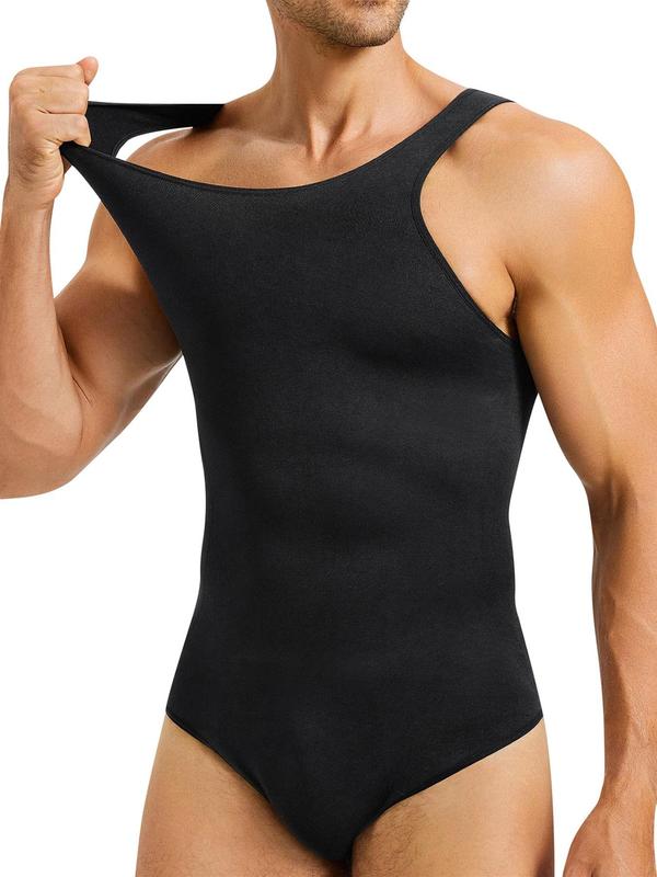 Men's Solid Tummy Control Shapewear Tank Top, Casual Comfy Breathable Sleeveless Compression Bodysuit For Daily Wear, Men's Shapewear Clothes For Spring Summer Fall