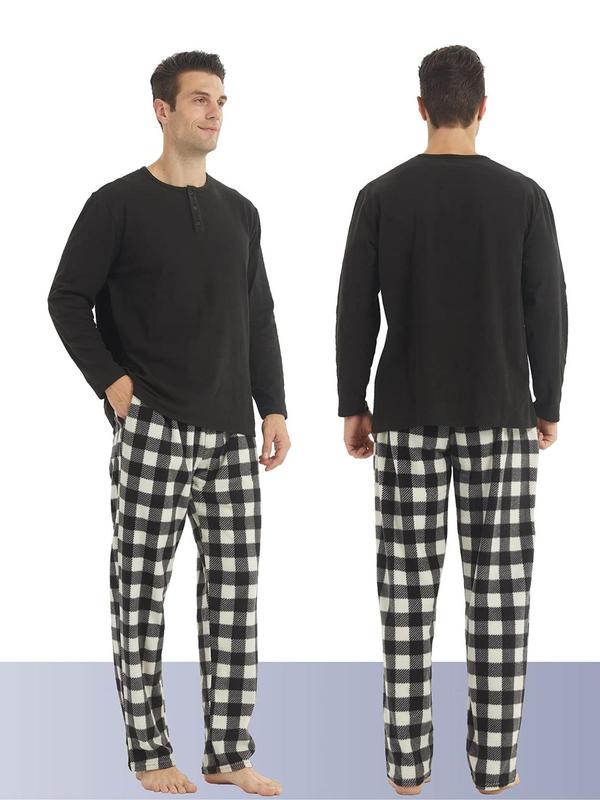 Two-Piece Set Men's Plain Button Front Top & Plaid Print Pants Pyjama Set, Regular Fit Casual Comfy Long Sleeve Top & Drawstring Pocket Trousers Pj Set, Men's Sleepwear for Spring & Fall