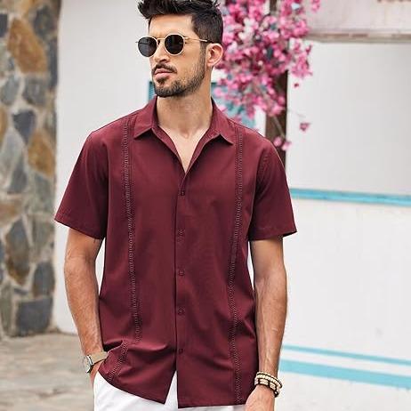 Coofandy men's button up shirt, loose pleated short sleeved casual shirt, Cuban style personalized shirt, summer daily slim fit comfortable stand up collar vacation casual shirt, classic linen soft top breathable daily form Menswear al shirt for men