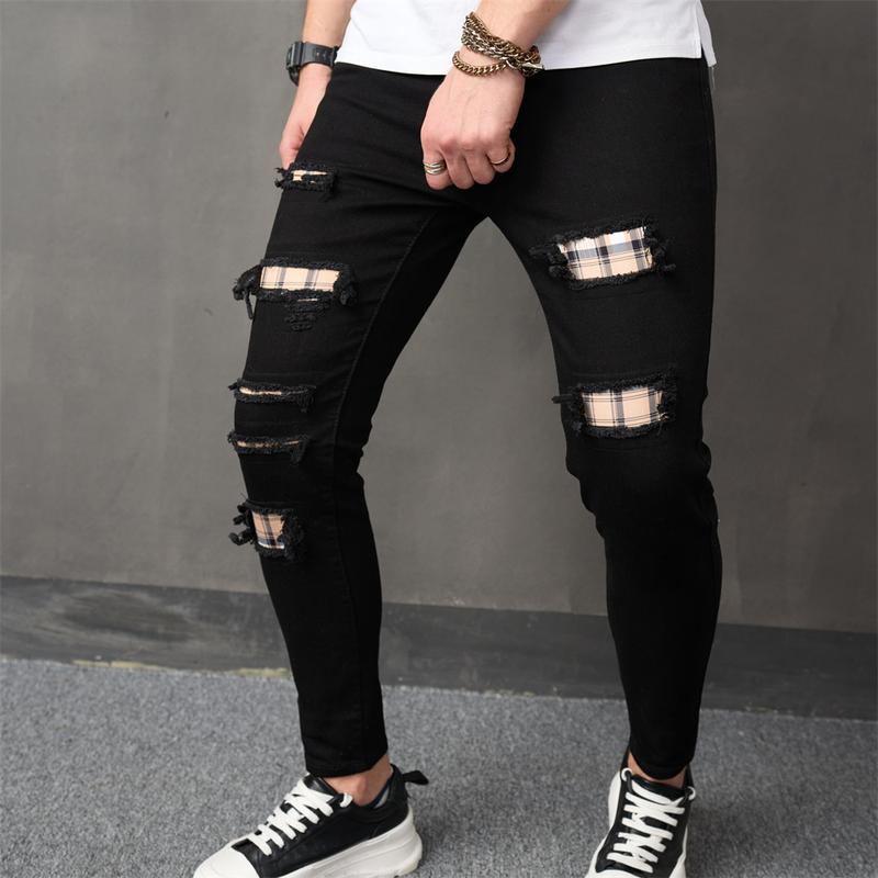 Men HipHop Holes Patch Printed Slim Jeans Trousers Male Stylish Distressed Jogging Skinny Pencil Denim Pants Menswear Underwear Human Streetwear Beige Plain