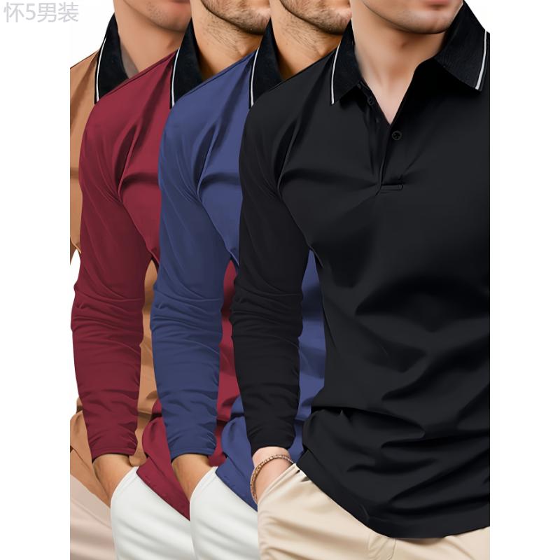 4pcs Mens Long Sleeve Lapel  - Soft Slight Stretch Polyester Fabric, Button Front, Versatile Solid Color Casual Tops for Outdoor Activities and Daily Wear - Regular Fit, Knit Fabric, No Sheer Collar Menswear Polo Beige Longsleeves Plain knitted shirt