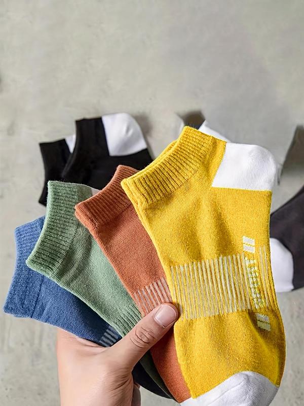 Men's 5 Pairs Casual Letter Print Ankle Socks, Contrast Color Knit Crew Socks, Low Cut Socks for Men, Multipack High Stretch Athletic Running Socks, Comfy Menswear Wear, Socks for Men