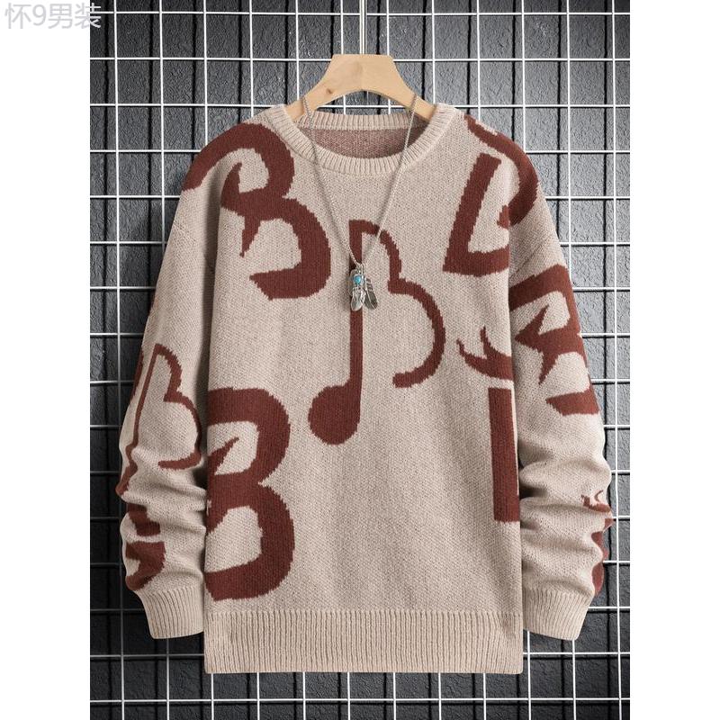 Unisex Men's Regular Fit Musical Note Print Round Neck Sweater, Fall Sweaters, Casual Long Sleeve Crew Neck Jumper for Fall & Winter, Fashion Men's Streetwear Knit Clothing for Daily Wear, Sweaters for Men, Fall Sweatshirts Knitted Sweater Menswear Tops