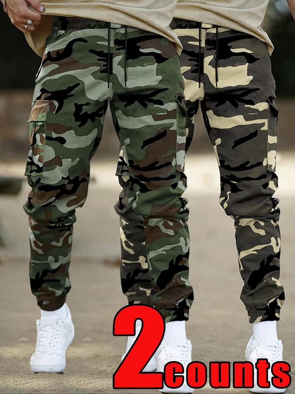 Men's Camo Print Patched Drawstring Waist Cargo Pants, 2 Counts Regular Fit Casual Pocket Trousers for Daily Outdoor Wear, Men's Bottoms for All Seasons, Comfy Clothes for Men