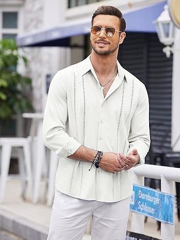 COOFANDY New York Fashion Week Mens Cuban Guayabera Shirt  Casual Button Down Shirts Long Sleeve Beach Linen Shirts Menswear Tropical