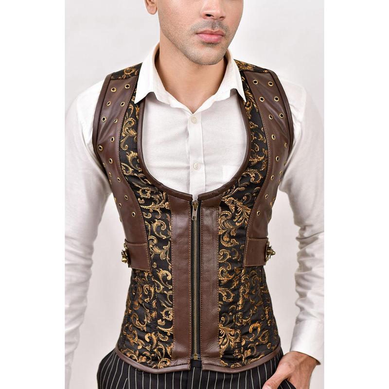 Brown Brocade & Brown Leather Corset Vest