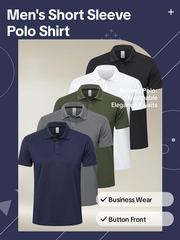 Men's Solid Color Short Sleeve Polo Shirt, Golf Shirt, Casual Regular Fit Button Front Collared Top for Golf Business, Men's Breathable Tops for Daily Wear