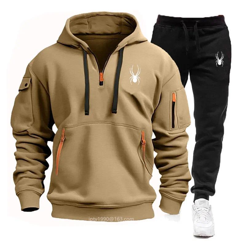 2024 new Spring and Autumn men's multi-pocket zipper hoodie + sweatpants two-piece jogging leisure fitness sports clothing set