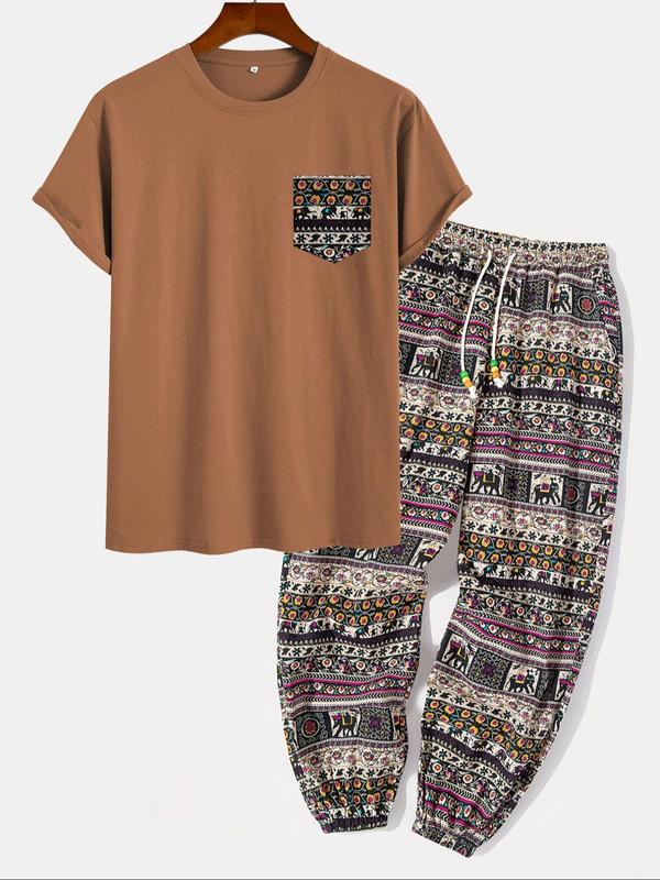 Men's Ethnic Pattern Pocket Tee & Drawstring Waist Pants Two-piece Set, Loose Boho Casual Short Sleeve T-shirt & Trousers for Spring & Fall, Men's Two-piece Outfits for Daily Wear