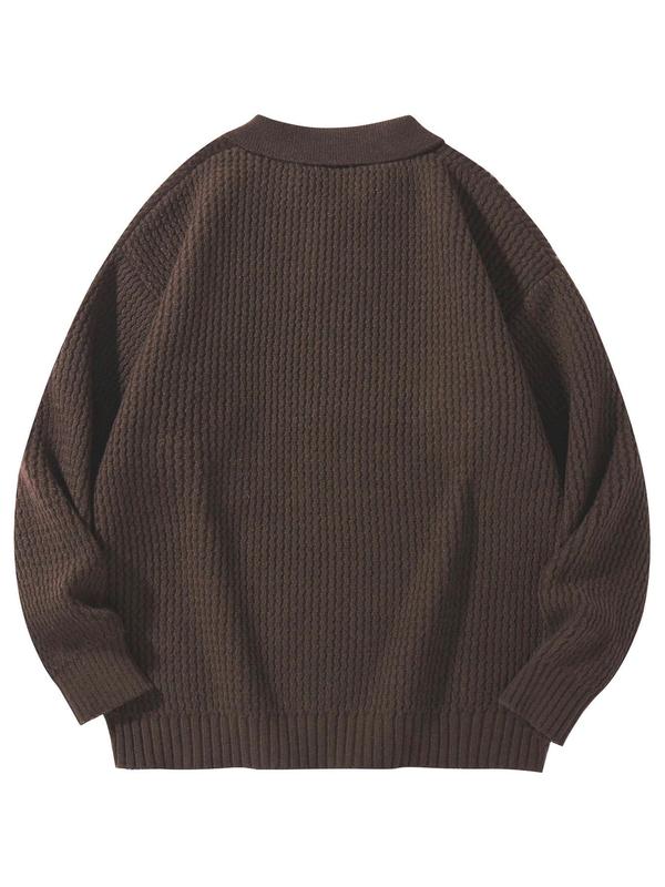 Men's Solid Drop Shoulder Ribbed Pullover, Regular Fit Casual Long Sleeve Collared Jumper for Fall & Winter, Men's Knitwear for Daily Wear