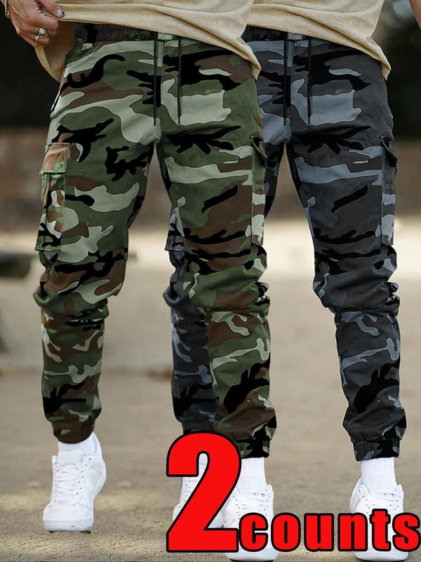 Men's Camo Print Patched Drawstring Waist Cargo Pants, 2 Counts Regular Fit Casual Pocket Trousers for Daily Outdoor Wear, Men's Bottoms for All Seasons, Comfy Clothes for Men