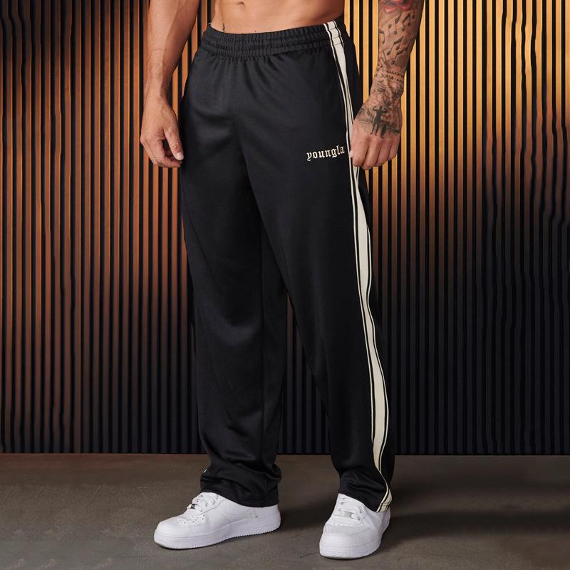 Youngla Men's Sports Pants Ribbon Striped Stitching Embroidered Casual Trousers Gym Sports Straight Pants