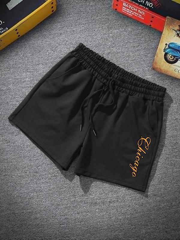 Men's Letter Print Drawstring Waist Shorts, Regular Fit Casual Pocket Elastic Waist Shorts for Summer, Men's Bottoms for Daily Wear