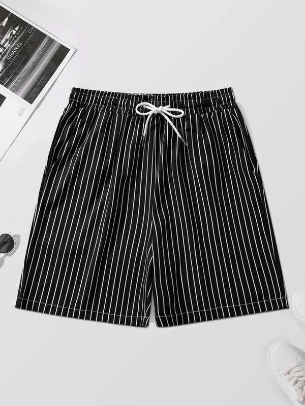 Men's Regular Fit Striped Print Drawstring Waist Shorts, Summer Clothes, Casual Pocket Elastic Waist Shorts for Summer, Streetwear Bottoms for Men