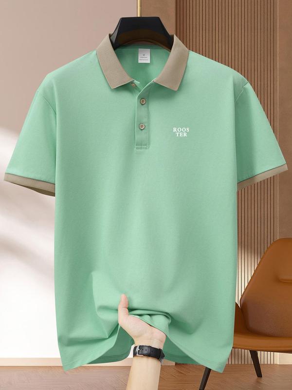 Men's Regular Fit Colorblock Letter Print Polo Shirt, Casual Short Sleeve Half Placket Button Top for Summer, Fashion Men's Clothes for Daily Wear