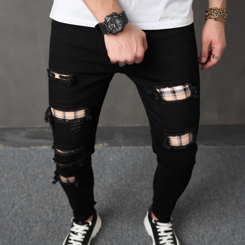 Men HipHop Holes Patch Printed Slim Jeans Trousers Male Stylish Distressed Jogging Skinny Pencil Denim Pants Menswear Underwear Human Streetwear Beige Plain