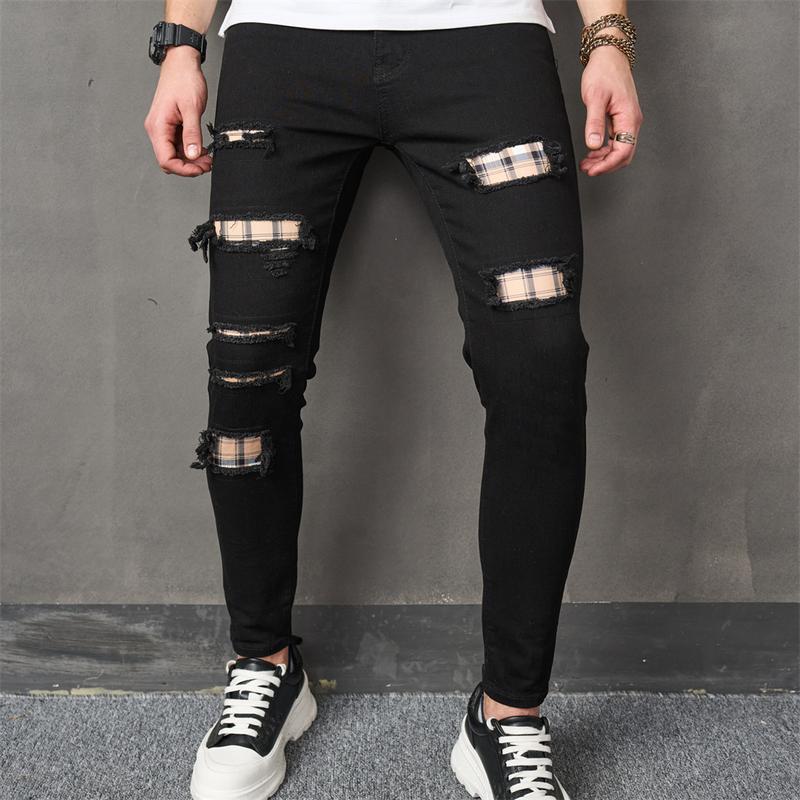 Men HipHop Holes Patch Printed Slim Jeans Trousers Male Stylish Distressed Jogging Skinny Pencil Denim Pants Menswear Underwear Human Streetwear Beige Plain