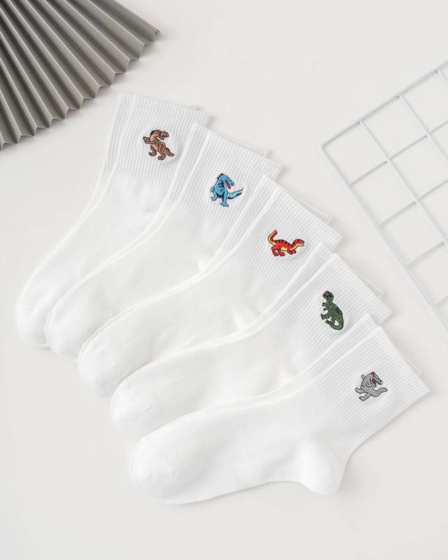 5pairs Men Dinosaur Embroidered Crew Socks for Daily Life - Fashionable and Versatile - Underwear, Womenswear