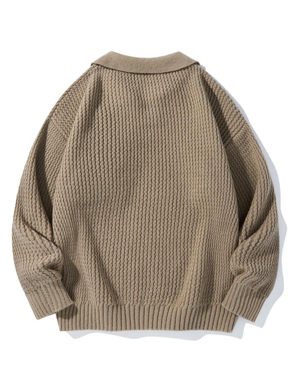 Men's Solid Drop Shoulder Ribbed Pullover, Regular Fit Casual Long Sleeve Collared Jumper for Fall & Winter, Men's Knitwear for Daily Wear