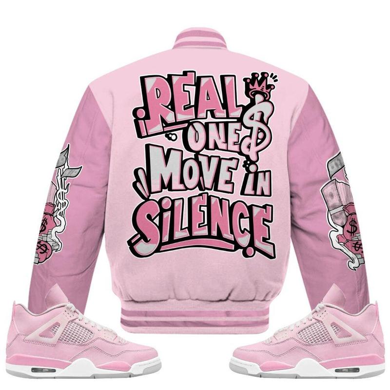 Dunkare Orchid 4s Varsity Jacket - Ones Move In Silence Graphic All Over Print Letterman Jackets