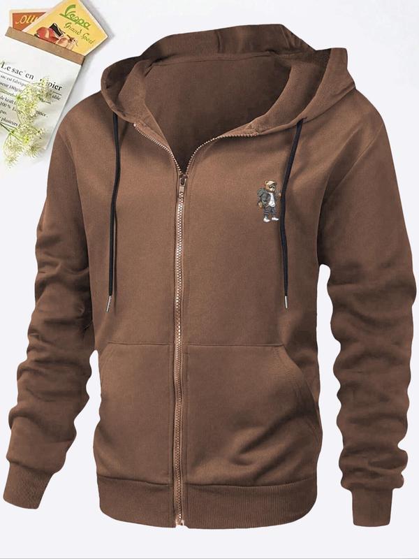 Men's Regular Fit Bear Print Drop Shoulder Fleece Hoodie, Fashion Casual Pocket Zipper Hooded Sweatshirt for Daily Holiday Outdoor Wear, Men Clothes for Fall & Winter